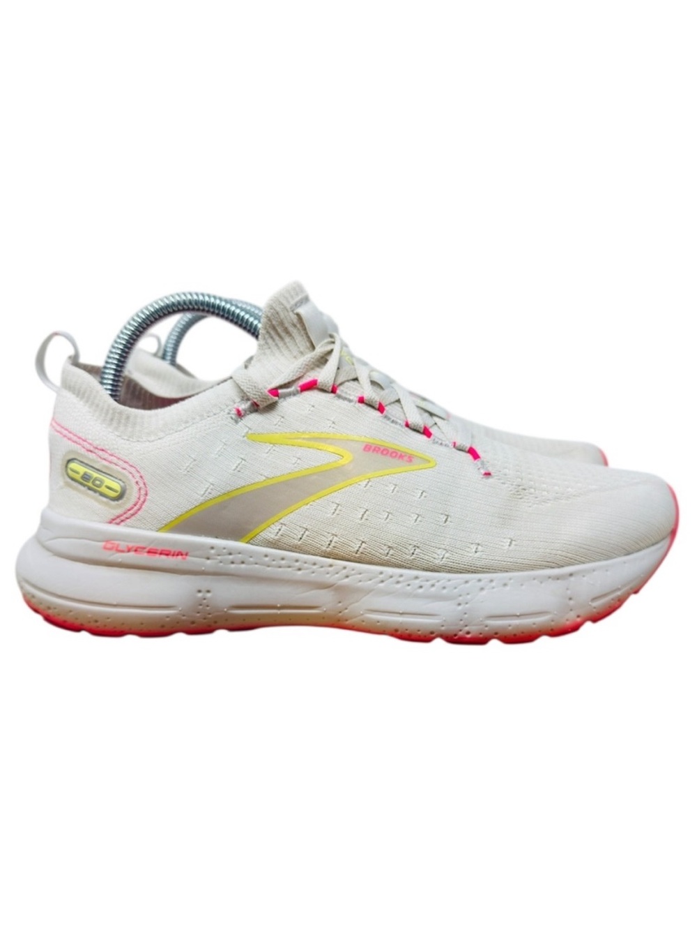 Brooks Glycerin Women's size 8 White & Pink Running Sneakers with Yellow Accents - Picture 3 of 12
